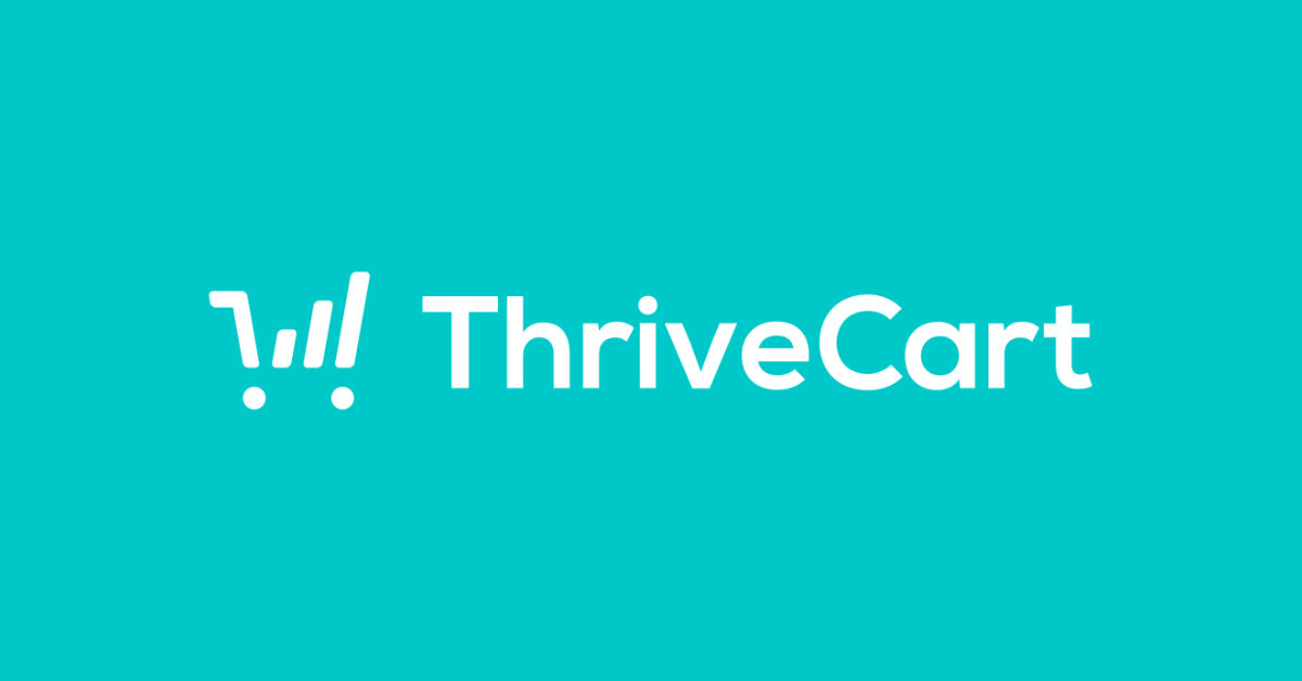 Logo de ThriveCart sobre fondo azul.