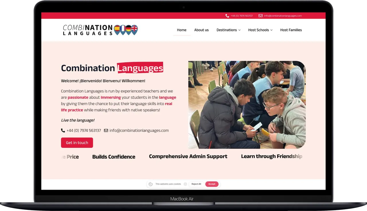 Página web de Combination Languages, aprendizaje de idiomas.
