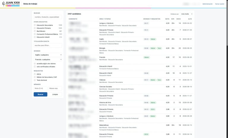Buscador de candidatos con filtros (datos personales difuminados)