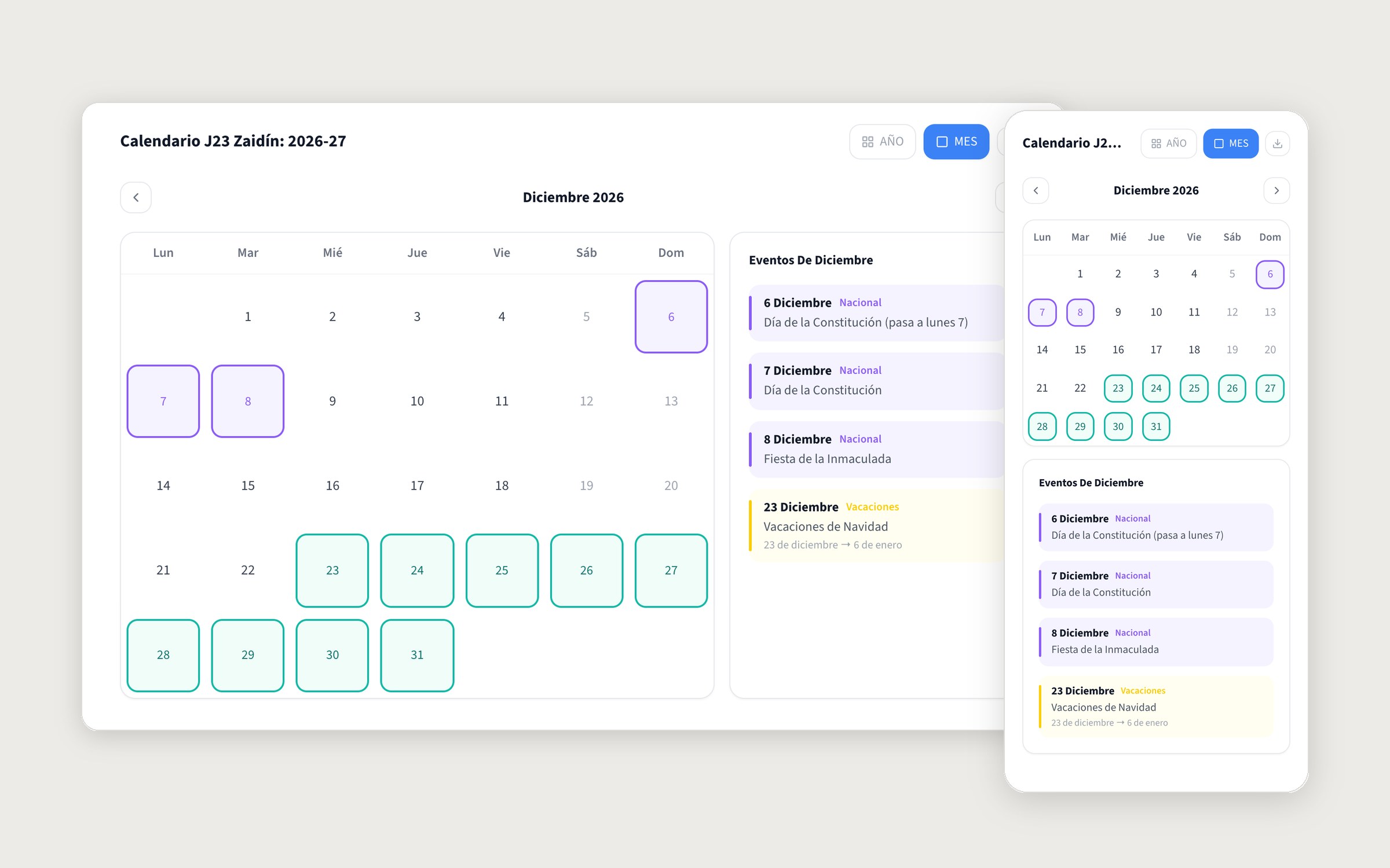 Calendario escolar J23 en ordenador y móvil