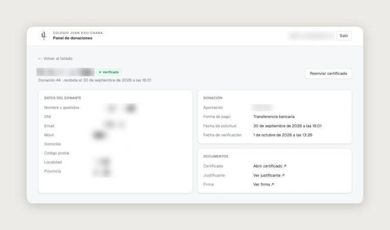 Ficha de una donación verificada (datos difuminados)
