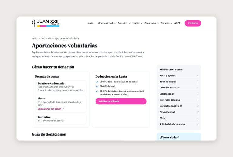 Página de aportaciones voluntarias en la web del colegio