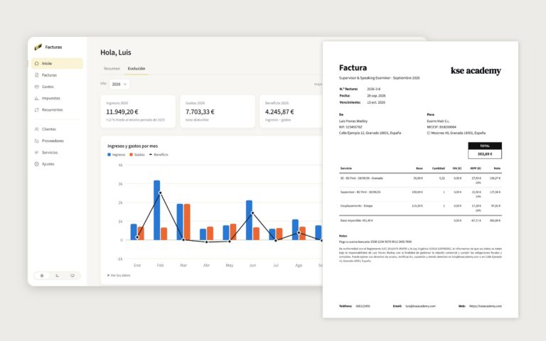 App de facturación: evolución del año y factura en PDF (datos ficticios)