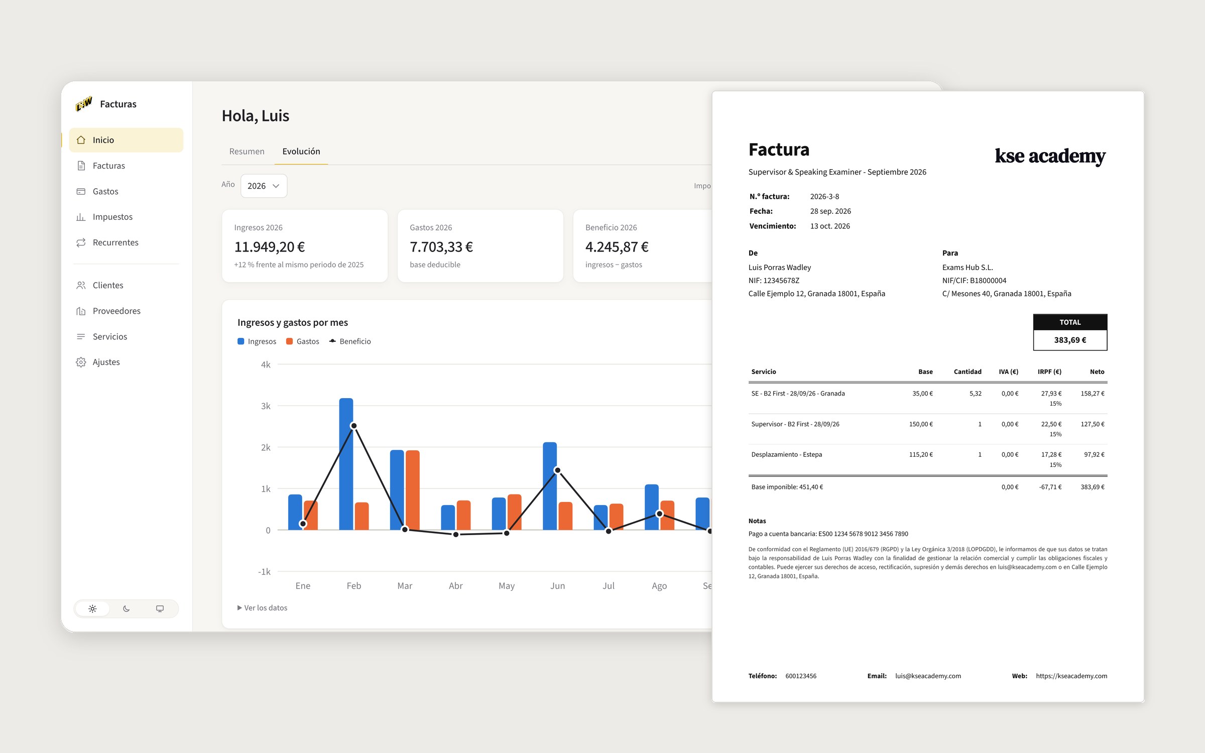 App de facturación: evolución del año y factura en PDF (datos ficticios)