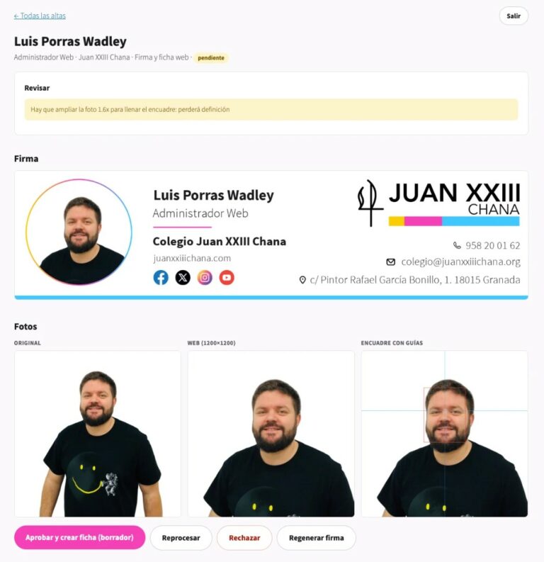 Panel de revisión: firma, foto original, foto web y encuadre con guías