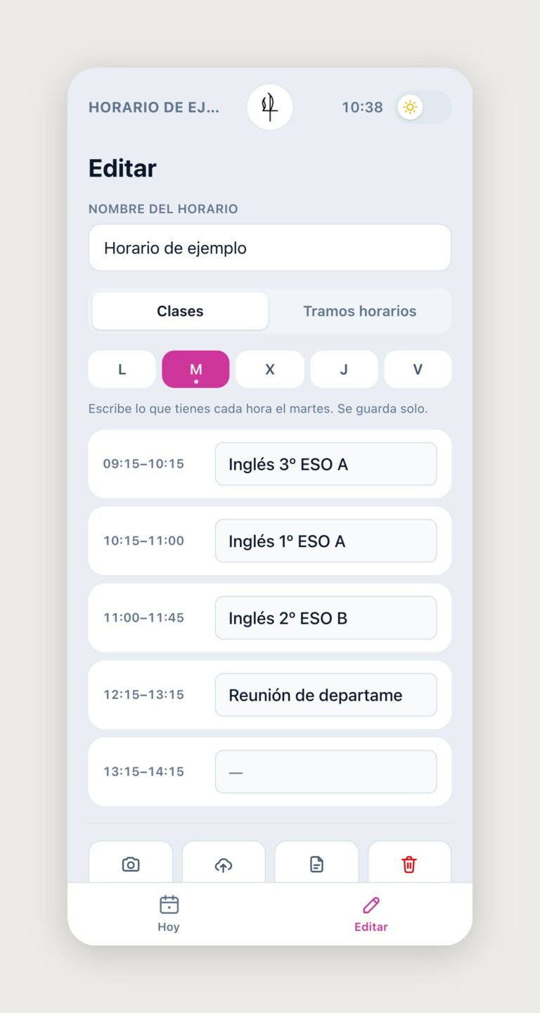 Editor del horario por días