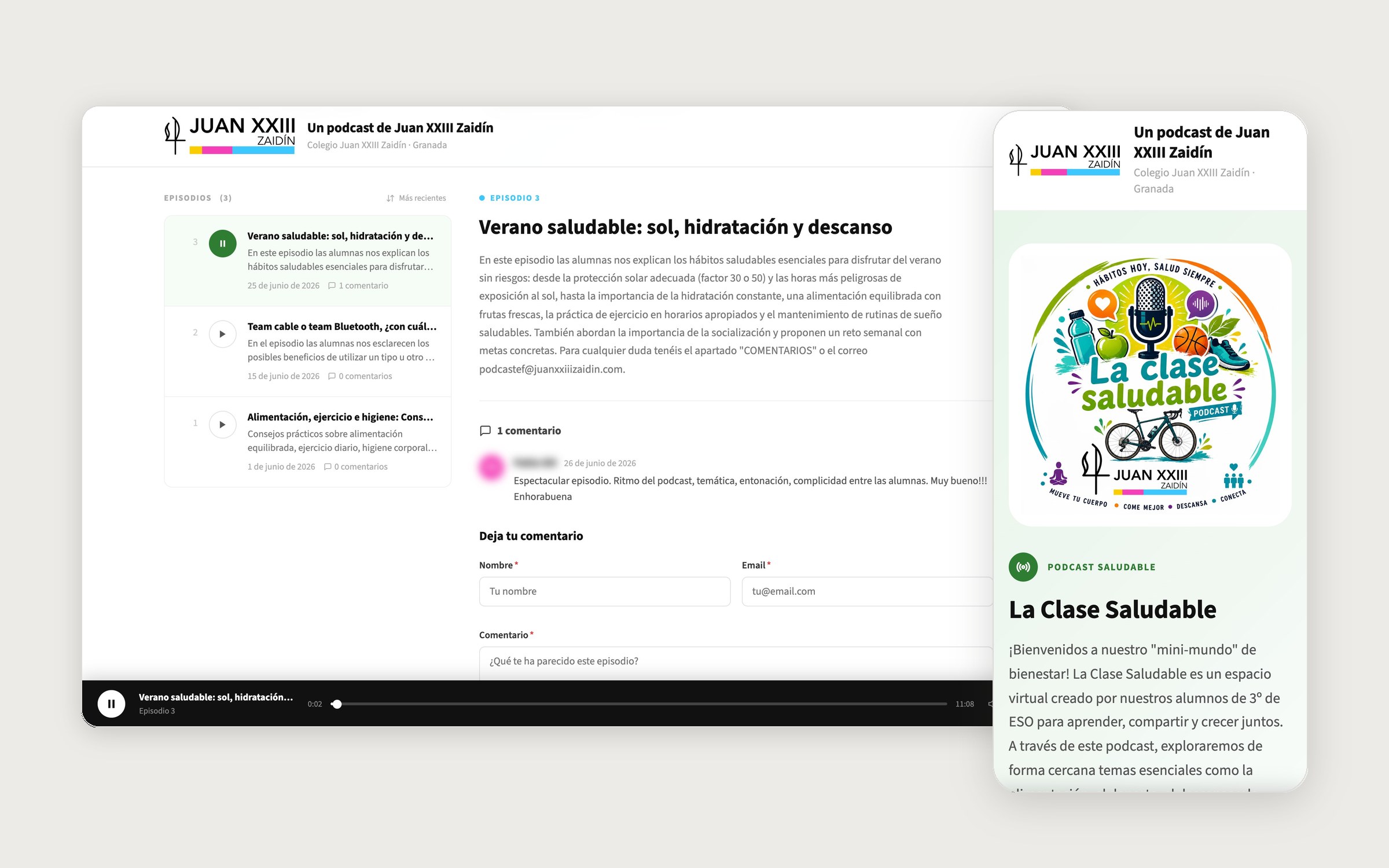 Web del podcast La Clase Saludable en ordenador y móvil
