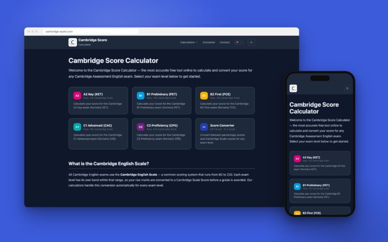 Web de Cambridge Score en escritorio y móvil