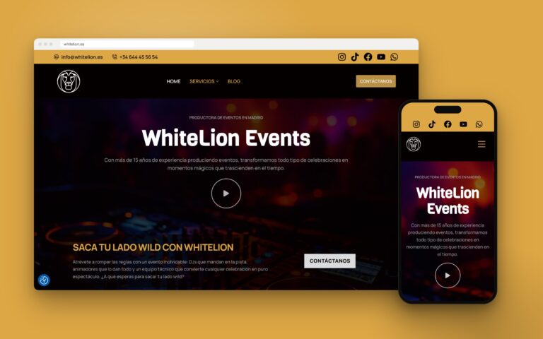 Web de WhiteLion Events en escritorio y móvil